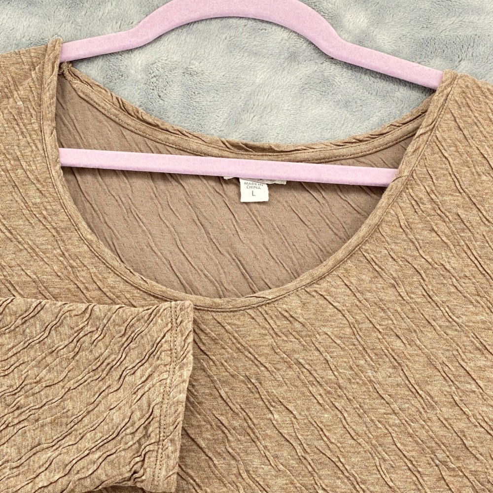 Pure‎ Jill J. Jill Tan Textured Crinkle Top Large Cotton Scoop Neck 3/4 Sleeve